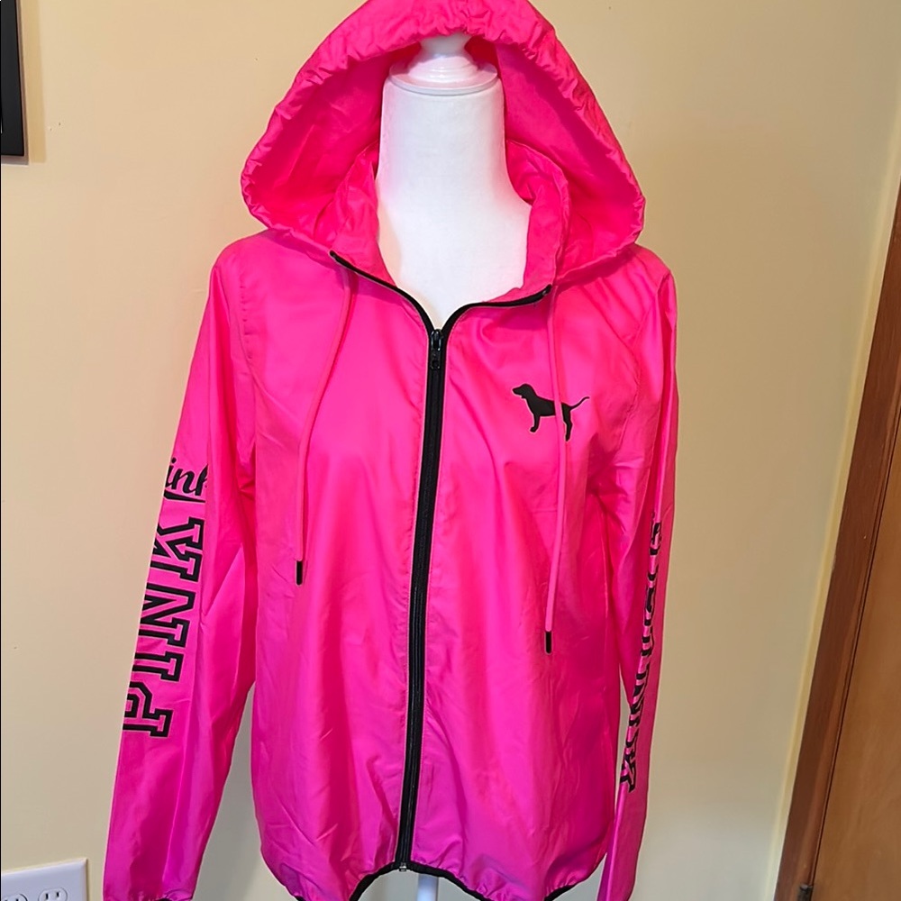PINK Victoria’s Secret zip hooded windbreaker pink and black XS